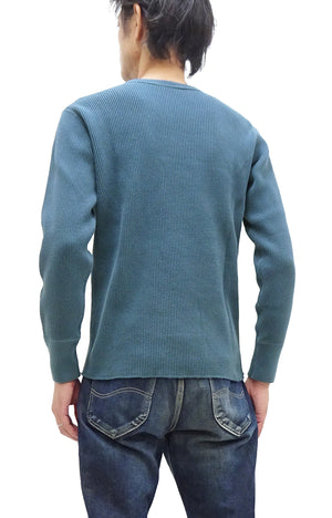 Studio D'Artisan Men's Heavyweight Waffle Knit Thermal Long Sleeve T-Shirt - 100% Cotton, Crew Neck, Ribbed Cuffs, Raw-edge hem, Made in Japan (SDA 9936) Faded-Blue