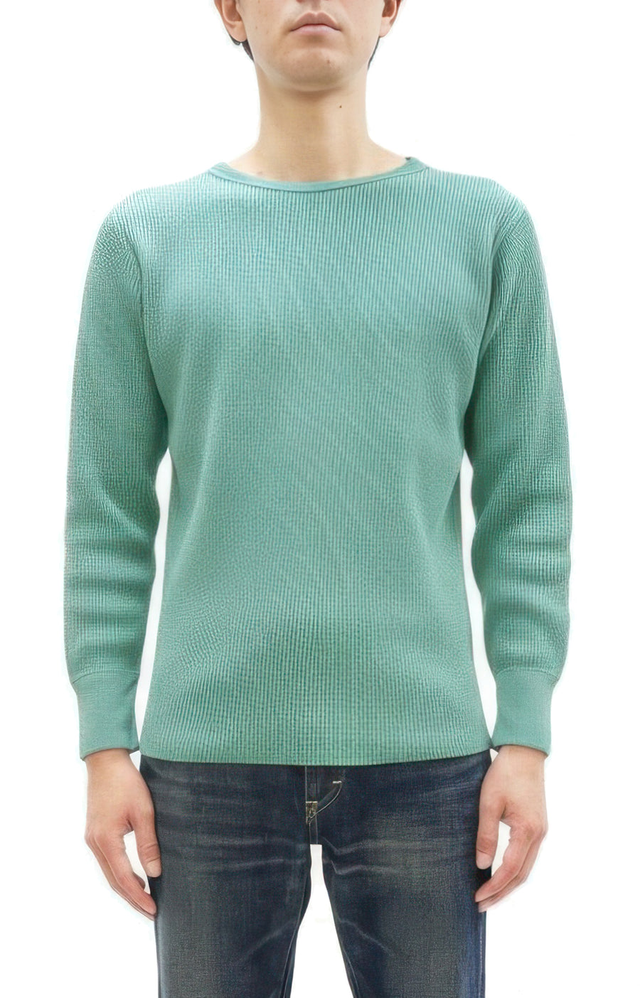 Studio D'Artisan Men's Heavyweight Waffle Knit Thermal Long Sleeve T-Shirt - 100% Cotton, Crew Neck, Ribbed Cuffs, Raw-edge hem, Made in Japan (SDA 9936) Emerald Green