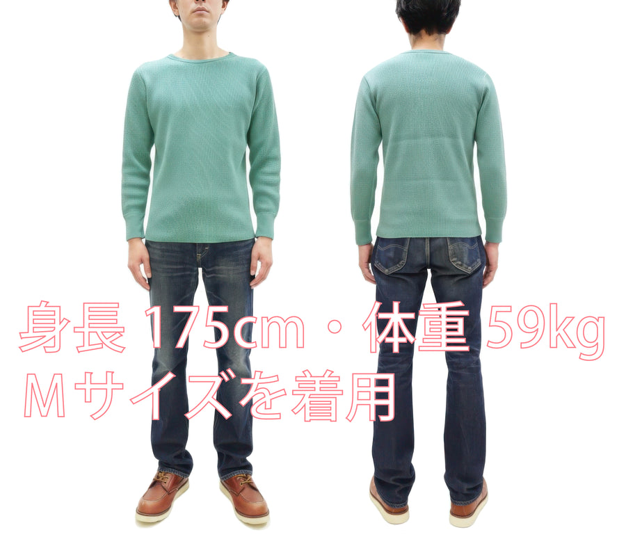 Studio D'Artisan Men's Heavyweight Waffle Knit Thermal Long Sleeve T-Shirt - 100% Cotton, Crew Neck, Ribbed Cuffs, Raw-edge hem, Made in Japan (SDA 9936) Emerald Green