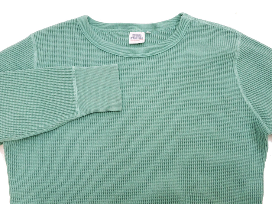 Studio D'Artisan Men's Heavyweight Waffle Knit Thermal Long Sleeve T-Shirt - 100% Cotton, Crew Neck, Ribbed Cuffs, Raw-edge hem, Made in Japan (SDA 9936) Emerald Green
