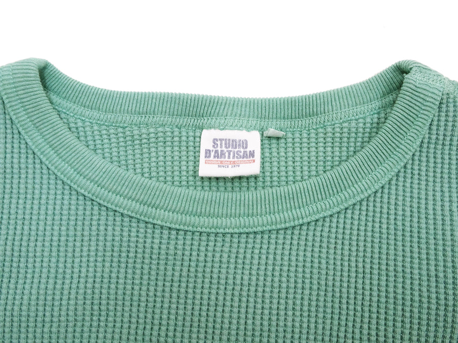 Studio D'Artisan Men's Heavyweight Waffle Knit Thermal Long Sleeve T-Shirt - 100% Cotton, Crew Neck, Ribbed Cuffs, Raw-edge hem, Made in Japan (SDA 9936) Emerald Green
