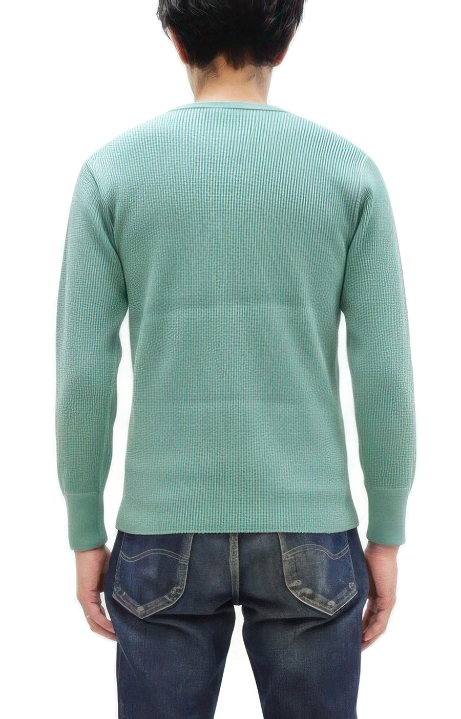 Studio D'Artisan Men's Heavyweight Waffle Knit Thermal Long Sleeve T-Shirt - 100% Cotton, Crew Neck, Ribbed Cuffs, Raw-edge hem, Made in Japan (SDA 9936) Emerald Green