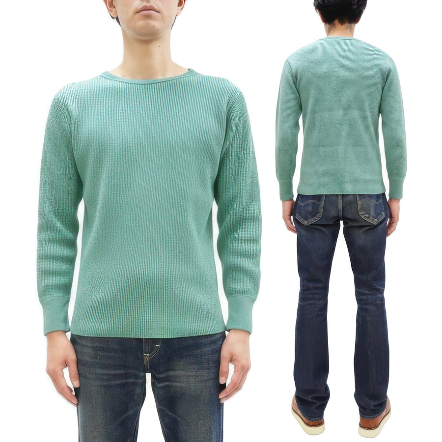 Studio D'Artisan Men's Heavyweight Waffle Knit Thermal Long Sleeve T-Shirt - 100% Cotton, Crew Neck, Ribbed Cuffs, Raw-edge hem, Made in Japan (SDA 9936) Emerald Green