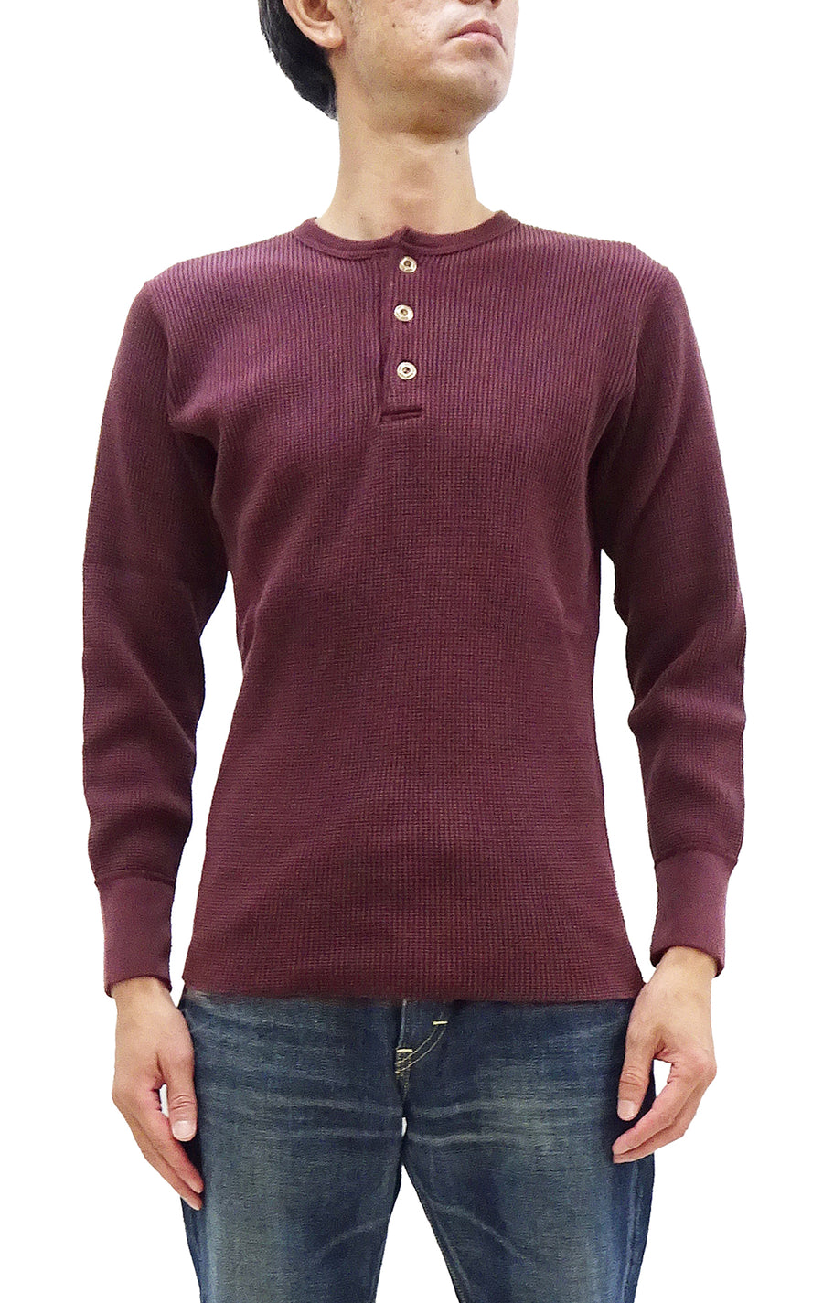 Studio D'artisan Waffle-Knit Thermal Henley T-Shirt Men's Casual Long Sleeve Plain 3-Button Placket Heavyweight Thermal Tee 9937 Burgundy