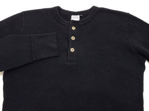 Studio D'artisan Waffle-Knit Thermal Henley T-Shirt Men's Long Sleeve Plain 3-Button Placket Super Heavyweight Thermal Tee 9937 Black