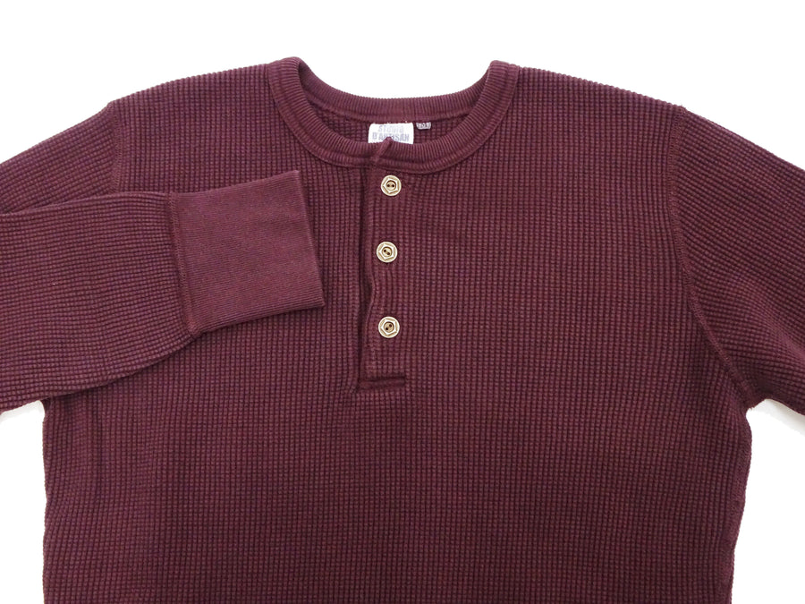 Studio D'artisan Waffle-Knit Thermal Henley T-Shirt Men's Casual Long Sleeve Plain 3-Button Placket Heavyweight Thermal Tee 9937 Burgundy