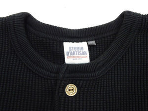 Studio D'Artisan Men's Heavyweight Waffle Knit Thermal Henley Long Sleeve T-Shirt - 100% Cotton, Ribbed Crew Neck Band, Ribbed Cuffs, Raw-edge hem, Made in Japan (SDA 9937) Black