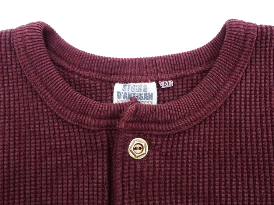 Studio D'artisan Waffle-Knit Thermal Henley T-Shirt Men's Casual Long Sleeve Plain 3-Button Placket Heavyweight Thermal Tee 9937 Burgundy