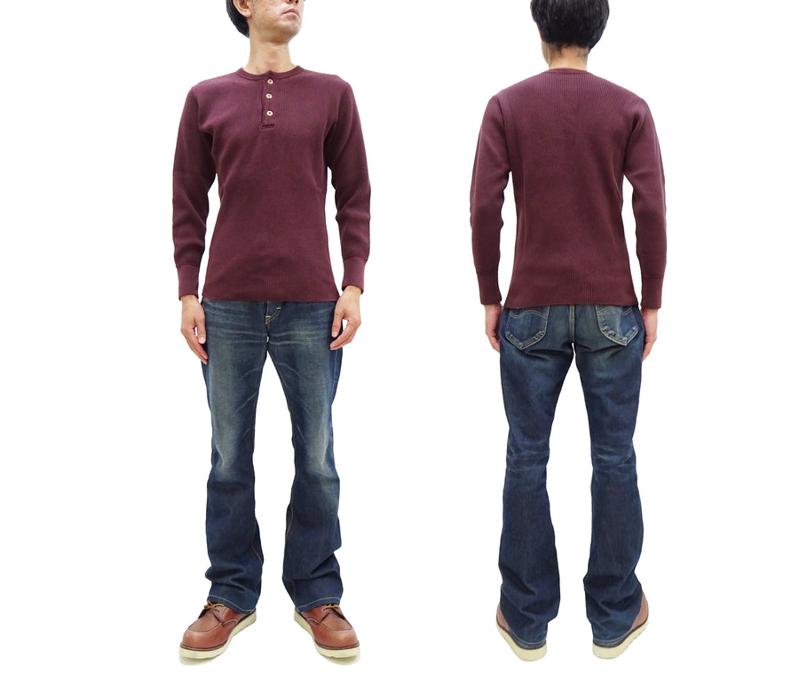 Studio D'artisan Waffle-Knit Thermal Henley T-Shirt Men's Casual Long Sleeve Plain 3-Button Placket Heavyweight Thermal Tee 9937 Burgundy