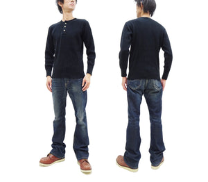 Studio D'Artisan Men's Heavyweight Waffle Knit Thermal Henley Long Sleeve T-Shirt - 100% Cotton, Ribbed Crew Neck Band, Ribbed Cuffs, Raw-edge hem, Made in Japan (SDA 9937) Black