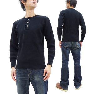 Studio D'Artisan Men's Heavyweight Waffle Knit Thermal Henley Long Sleeve T-Shirt - 100% Cotton, Ribbed Crew Neck Band, Ribbed Cuffs, Raw-edge hem, Made in Japan (SDA 9937) Black