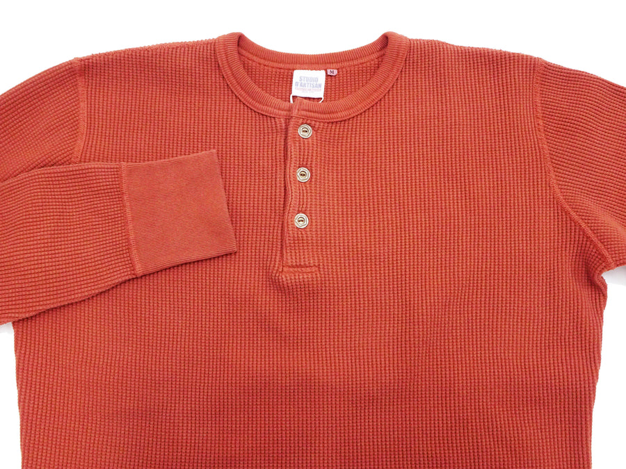 Studio D'artisan Waffle-Knit Thermal Henley T-Shirt Men's Long Sleeve Plain 3-Button Placket Super Heavyweight Thermal Tee 9937 Burnt Sienna (deep red-brown color)