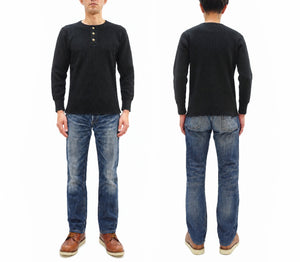 Studio D'artisan Men's Heavyweight 100% Cotton Waffle-Knit Thermal Henley Long-Sleeve T-Shirt, Three-Button Placket, Four-Needle Flatseams, Curved Overlock-Finished Hem, Made in Japan (SDA 9937 Black)