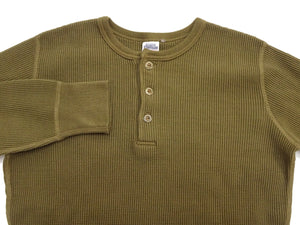 Studio D'artisan Men's Heavyweight 100% Cotton Waffle-Knit Thermal Henley Long-Sleeve T-Shirt, Three-Button Placket, Four-Needle Flatseams, Curved Overlock-Finished Hem, Made in Japan (SDA 9937 Khaki)