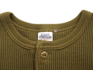 Studio D'artisan Men's Heavyweight 100% Cotton Waffle-Knit Thermal Henley Long-Sleeve T-Shirt, Three-Button Placket, Four-Needle Flatseams, Curved Overlock-Finished Hem, Made in Japan (SDA 9937 Khaki)