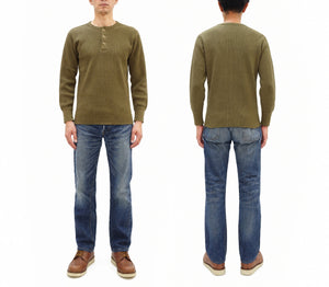 Studio D'artisan Men's Heavyweight 100% Cotton Waffle-Knit Thermal Henley Long-Sleeve T-Shirt, Three-Button Placket, Four-Needle Flatseams, Curved Overlock-Finished Hem, Made in Japan (SDA 9937 Khaki)
