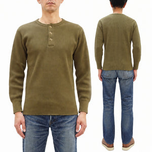 Studio D'artisan Men's Heavyweight 100% Cotton Waffle-Knit Thermal Henley Long-Sleeve T-Shirt, Three-Button Placket, Four-Needle Flatseams, Curved Overlock-Finished Hem, Made in Japan (SDA 9937 Khaki)