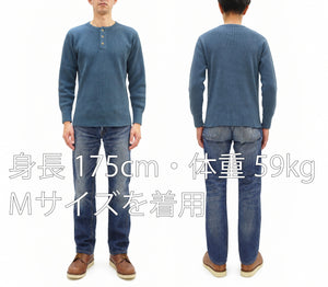 Studio D'artisan Men's Heavyweight 100% Cotton Waffle-Knit Thermal Henley Long-Sleeve T-Shirt, Three-Button Placket, Four-Needle Flatseams, Curved Overlock-Finished Hem, Made in Japan (SDA 9937 Blue)