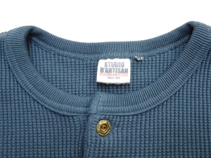 Studio D'artisan Men's Heavyweight 100% Cotton Waffle-Knit Thermal Henley Long-Sleeve T-Shirt, Three-Button Placket, Four-Needle Flatseams, Curved Overlock-Finished Hem, Made in Japan (SDA 9937 Blue)