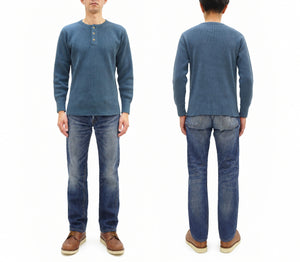 Studio D'artisan Men's Heavyweight 100% Cotton Waffle-Knit Thermal Henley Long-Sleeve T-Shirt, Three-Button Placket, Four-Needle Flatseams, Curved Overlock-Finished Hem, Made in Japan (SDA 9937 Blue)