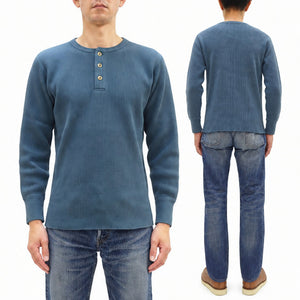 Studio D'artisan Men's Heavyweight 100% Cotton Waffle-Knit Thermal Henley Long-Sleeve T-Shirt, Three-Button Placket, Four-Needle Flatseams, Curved Overlock-Finished Hem, Made in Japan (SDA 9937 Blue)