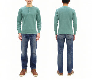Studio D'artisan Men's Heavyweight 100% Cotton Waffle-Knit Thermal Henley Long-Sleeve T-Shirt, Three-Button Placket, Four-Needle Flatseams, Curved Overlock-Finished Hem, Made in Japan (SDA 9937 Emerald Green)