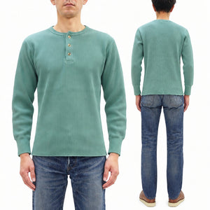Studio D'artisan Men's Heavyweight 100% Cotton Waffle-Knit Thermal Henley Long-Sleeve T-Shirt, Three-Button Placket, Four-Needle Flatseams, Curved Overlock-Finished Hem, Made in Japan (SDA 9937 Emerald Green)