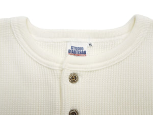 Studio D'artisan Men's Heavyweight 100% Cotton Waffle-Knit Thermal Henley Long-Sleeve T-Shirt, Three-Button Placket, Four-Needle Flatseams, Curved Overlock-Finished Hem, Made in Japan (SDA 9937 White)