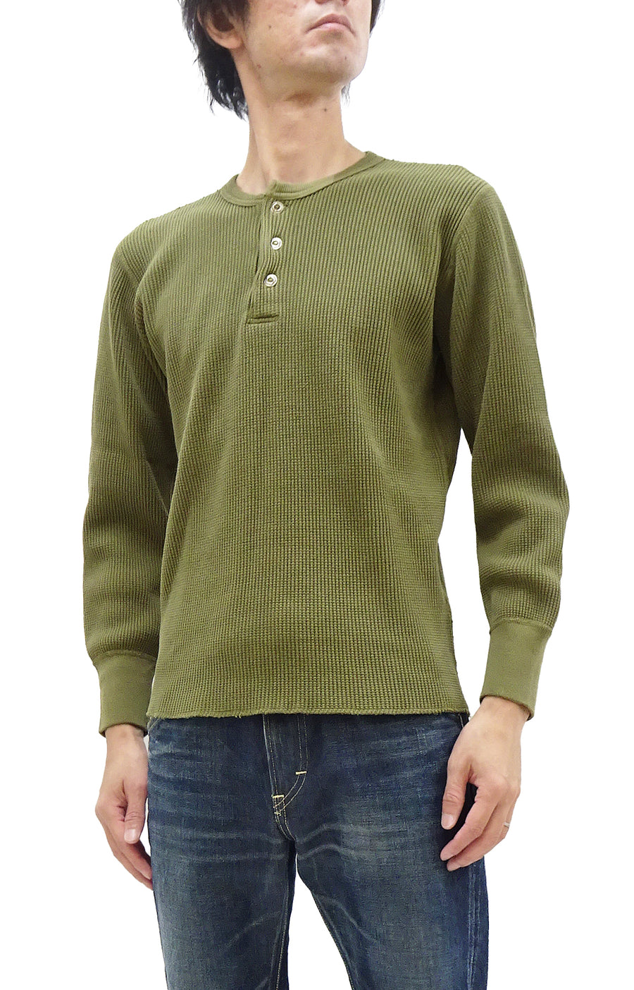 Mens Waffle Knit Thermal Long Sleeve T-shirt 3 Button Crew Neck
