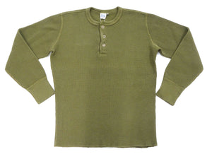 Studio D'Artisan Men's Heavyweight Waffle Knit Thermal Henley Long Sleeve T-Shirt - 100% Cotton, Ribbed Crew Neck Band, Ribbed Cuffs, Raw-edge hem, Made in Japan (SDA 9937) Khaki
