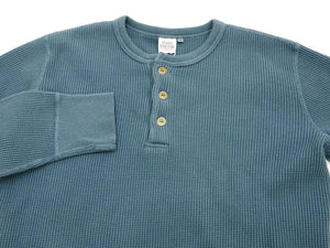 Studio D'Artisan Men's Heavyweight Waffle Knit Thermal Henley Long Sleeve T-Shirt - 100% Cotton, Ribbed Crew Neck Band, Ribbed Cuffs, Raw-edge hem, Made in Japan (SDA 9937) Faded-Blue