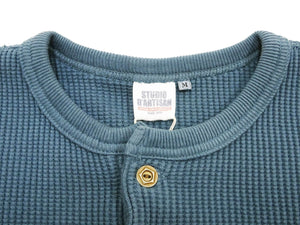 Studio D'artisan Waffle-Knit Thermal Henley T-Shirt Men's Long Sleeve Plain 3-Button Placket Super Heavyweight Thermal Tee 9937 Faded-Blue
