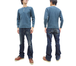 Studio D'Artisan Men's Heavyweight Waffle Knit Thermal Henley Long Sleeve T-Shirt - 100% Cotton, Ribbed Crew Neck Band, Ribbed Cuffs, Raw-edge hem, Made in Japan (SDA 9937) Faded-Blue