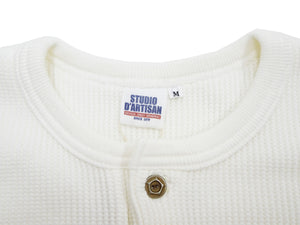 Studio D'Artisan Men's Heavyweight Waffle Knit Thermal Henley Long Sleeve T-Shirt - 100% Cotton, Ribbed Crew Neck Band, Ribbed Cuffs, Raw-edge hem, Made in Japan (SDA 9937) White