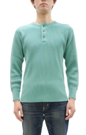 Studio D'Artisan Men's Heavyweight Waffle Knit Thermal Henley Long Sleeve T-Shirt - 100% Cotton, Ribbed Crew Neck Band, Ribbed Cuffs, Raw-edge hem, Made in Japan (SDA 9937) Emerald Green