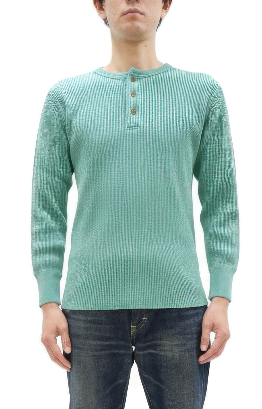 Studio D'Artisan Men's Heavyweight Waffle Knit Thermal Henley Long Sleeve T-Shirt - 100% Cotton, Ribbed Crew Neck Band, Ribbed Cuffs, Raw-edge hem, Made in Japan (SDA 9937) Emerald Green
