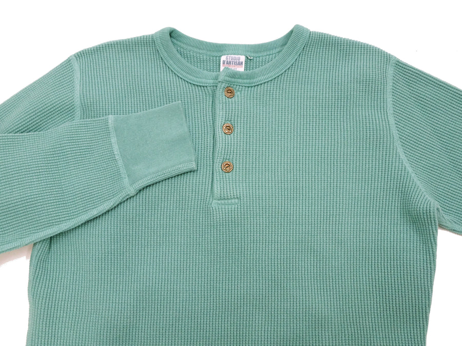 Studio D'Artisan Men's Heavyweight Waffle Knit Thermal Henley Long Sleeve T-Shirt - 100% Cotton, Ribbed Crew Neck Band, Ribbed Cuffs, Raw-edge hem, Made in Japan (SDA 9937) Emerald Green