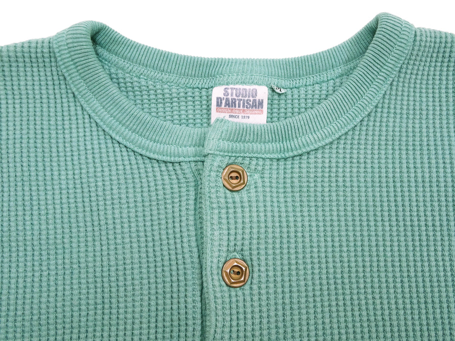 Studio D'Artisan Men's Heavyweight Waffle Knit Thermal Henley Long Sleeve T-Shirt - 100% Cotton, Ribbed Crew Neck Band, Ribbed Cuffs, Raw-edge hem, Made in Japan (SDA 9937) Emerald Green