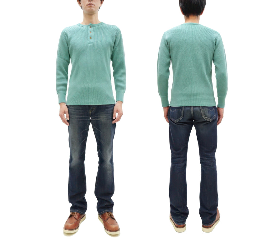 Studio D'Artisan Men's Heavyweight Waffle Knit Thermal Henley Long Sleeve T-Shirt - 100% Cotton, Ribbed Crew Neck Band, Ribbed Cuffs, Raw-edge hem, Made in Japan (SDA 9937) Emerald Green