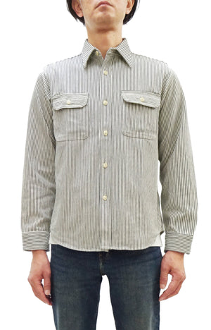 Sugar Cane Men's Hickory Stripe Work Shirt, Heavyweight Cotton Long-Sleeve Button-Up Shirt, Made in Japan (SC27853 105 Off-White)