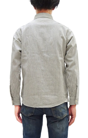 Sugar Cane Men's Hickory Stripe Work Shirt, Heavyweight Cotton Long-Sleeve Button-Up Shirt, Made in Japan (SC27853 105 Off-White)