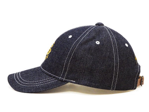 TOYS McCOY Men's Indigo Denim Baseball Cap, Front Embroidery & Embroidered SNOOPY Patch, Classic 6-Panel, Pre-Curved Brim, Leather Strap Back, No Mesh (TMA2622)
