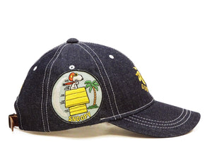 TOYS McCOY Men's Indigo Denim Baseball Cap, Front Embroidery & Embroidered SNOOPY Patch, Classic 6-Panel, Pre-Curved Brim, Leather Strap Back, No Mesh (TMA2622)