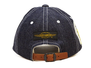 TOYS McCOY Men's Indigo Denim Baseball Cap, Front Embroidery & Embroidered SNOOPY Patch, Classic 6-Panel, Pre-Curved Brim, Leather Strap Back, No Mesh (TMA2622)