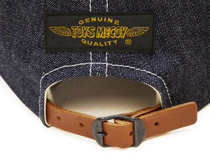 TOYS McCOY Men's Indigo Denim Baseball Cap, Front Embroidery & Embroidered SNOOPY Patch, Classic 6-Panel, Pre-Curved Brim, Leather Strap Back, No Mesh (TMA2622)