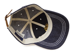 TOYS McCOY Men's Indigo Denim Baseball Cap, Front Embroidery & Embroidered SNOOPY Patch, Classic 6-Panel, Pre-Curved Brim, Leather Strap Back, No Mesh (TMA2622)