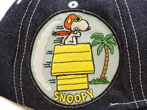 TOYS McCOY Men's Indigo Denim Baseball Cap, Front Embroidery & Embroidered SNOOPY Patch, Classic 6-Panel, Pre-Curved Brim, Leather Strap Back, No Mesh (TMA2622)