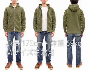 Barns Outfitters Men's COZUN Vintage-Inspired Long-Sleeve Zip-Up Hoodie, Medium-Weight 100% Cotton Brushed Fleece, Hooded Sweatshirt with a Two-Way Zipper, Flatseam Construction, One-Wash, Made in Japan (BR-3010PG RD, Pigment-Dyed Khaki)