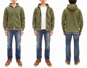 Barns Outfitters Men's COZUN Vintage-Inspired Long-Sleeve Zip-Up Hoodie, Medium-Weight 100% Cotton Brushed Fleece, Hooded Sweatshirt with a Two-Way Zipper, Flatseam Construction, One-Wash, Made in Japan (BR-3010PG RD, Pigment-Dyed Khaki)