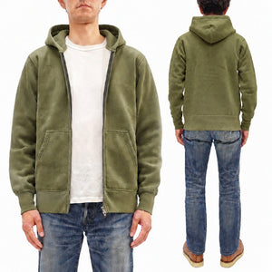 Barns Outfitters Men's COZUN Vintage-Inspired Long-Sleeve Zip-Up Hoodie, Medium-Weight 100% Cotton Brushed Fleece, Hooded Sweatshirt with a Two-Way Zipper, Flatseam Construction, One-Wash, Made in Japan (BR-3010PG RD, Pigment-Dyed Khaki)